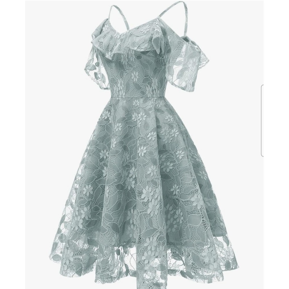 Light Blue Floral Lace Cold Shoulder Ruffle Fit and Flare Cocktail Dress Medium